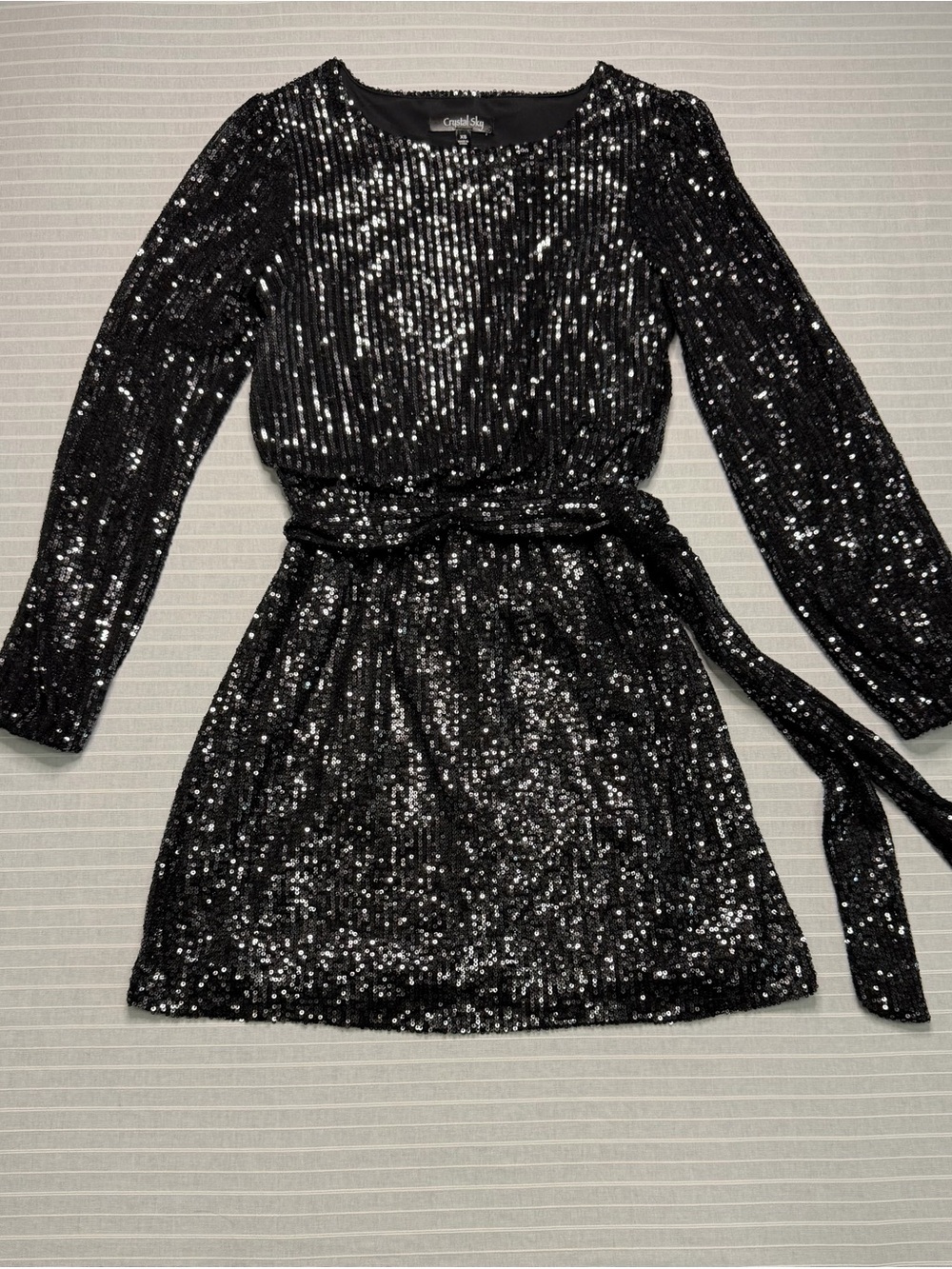 Crystal Sky Black Sequin Belted Mini Dress – XS ✨